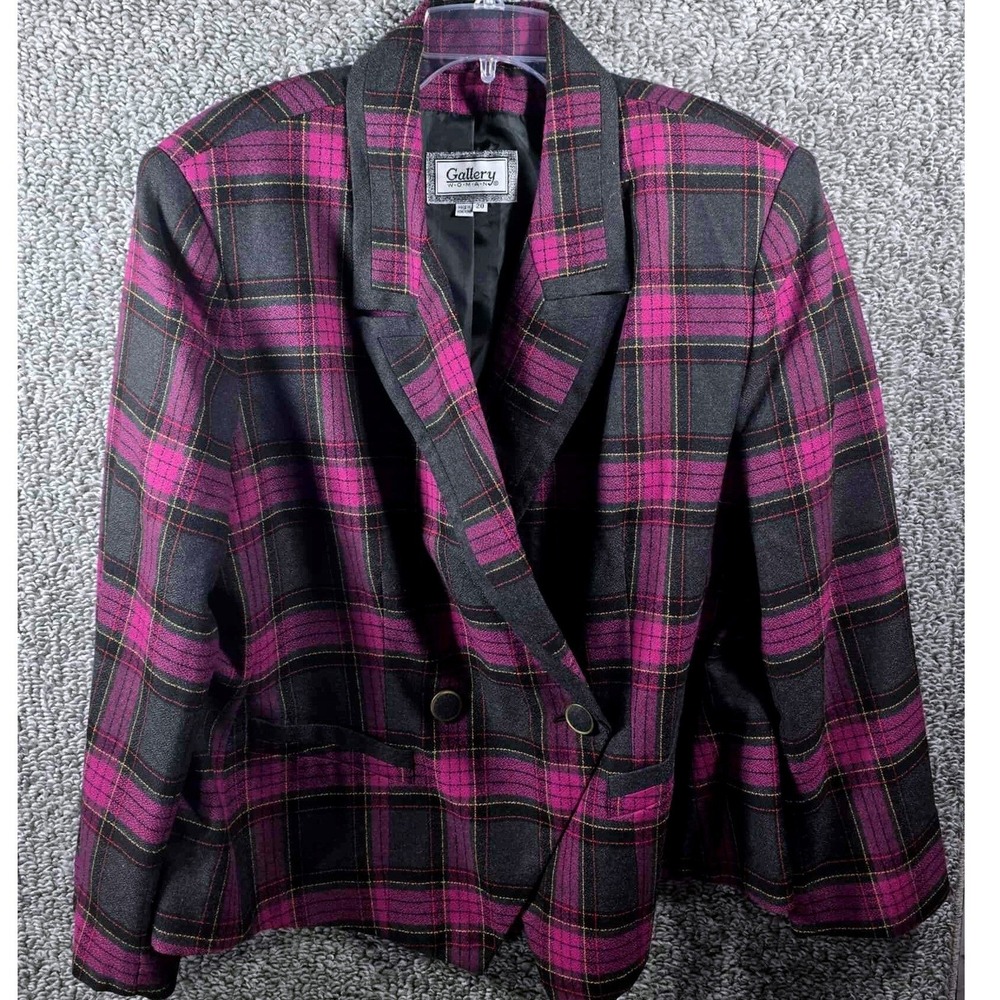 Gallery Purple Plaid Double‎ Breasted Blazer Jacket Womens Size 20 Vintage